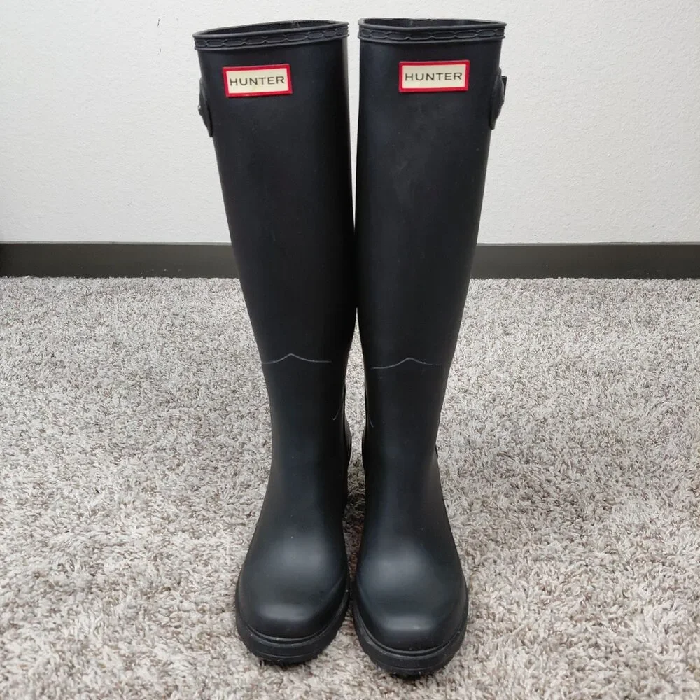 Hunter Original Refined Mid Wedge Tall Boots Womens 8 Black Rain Ourdoor